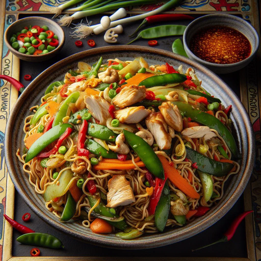 Surinamese bami with egg noodles, vegetables and fresh coriander