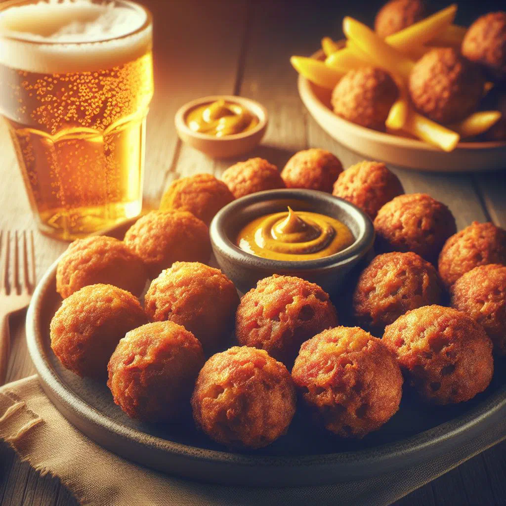 Golden deep-fried bitterballen served with mustard dip