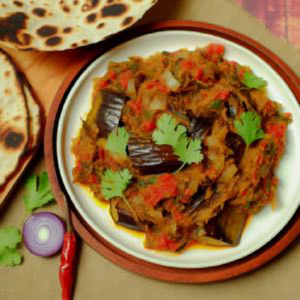 Bowl of Surinamese chokha made from roasted aubergine, tomato and onion