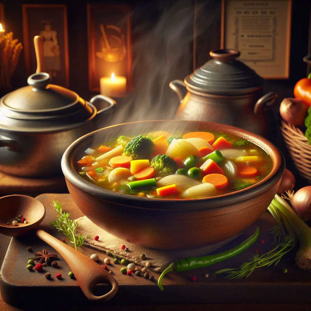 Bowl of Surinamese driedaagse soep with beef, chicken and vegetables