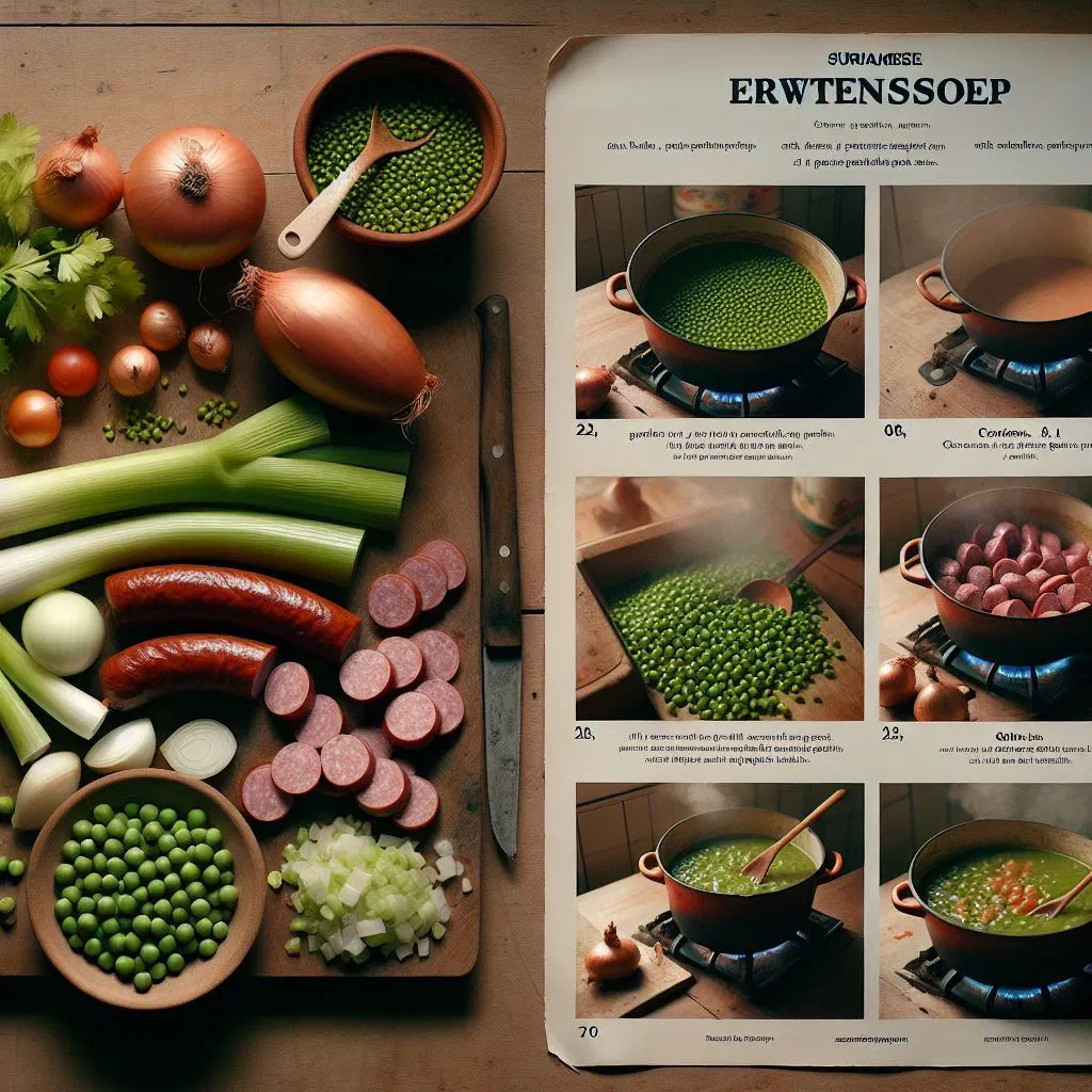 Bowl of Surinamese erwtensoep pea soup garnished with fresh parsley