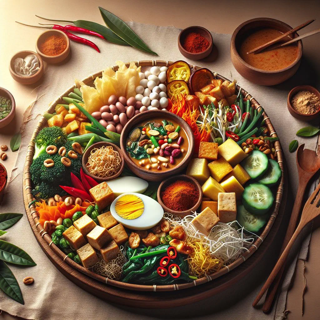 Gado gado moksi with vegetables, fried tofu, egg and peanut sauce