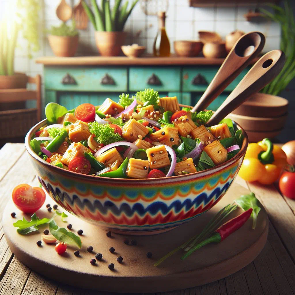 Fresh jackfruit salad with peppers, cucumber and coriander in a bowl