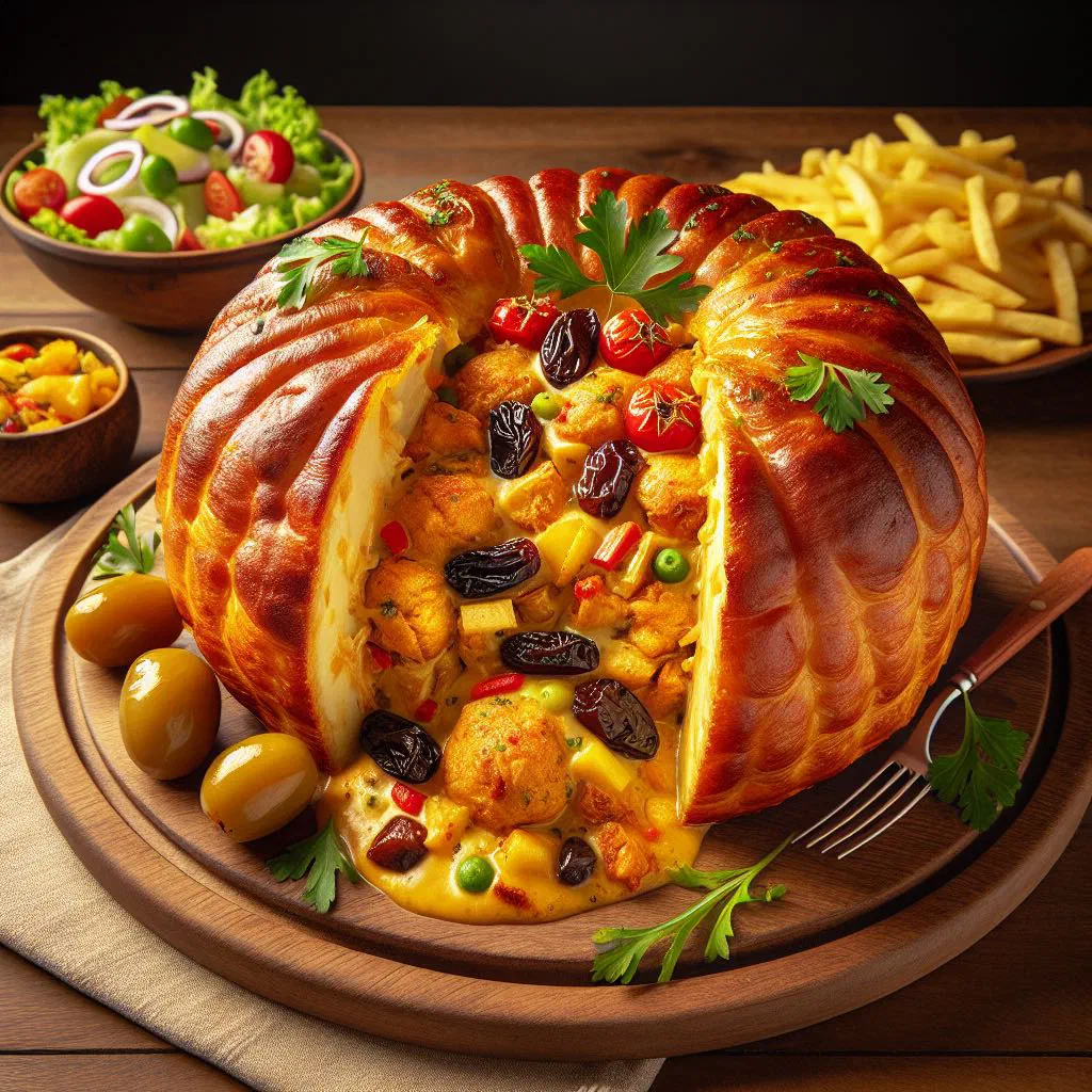 Baked keshi yena with a golden cheese crust and savoury meat filling