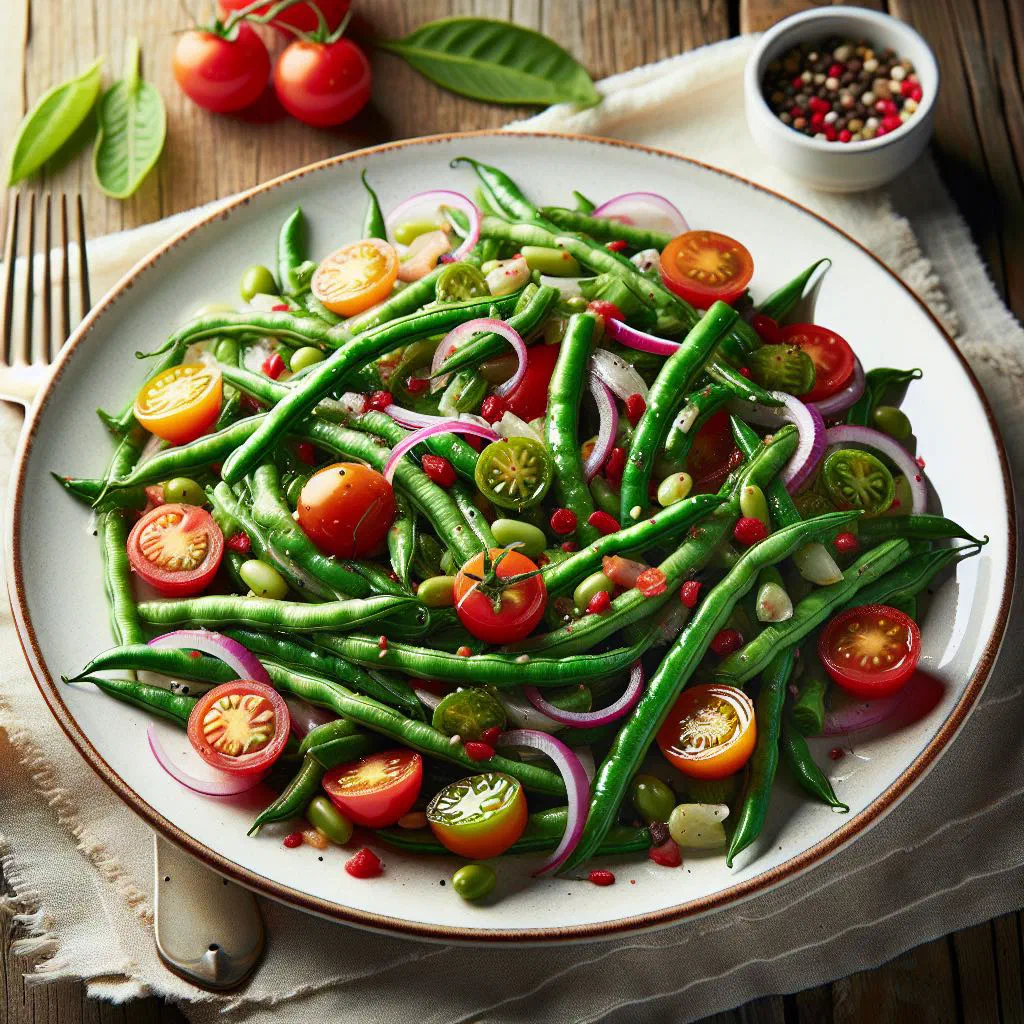 Surinamese yardlong bean salad with onion rings, diced tomato and fresh herbs