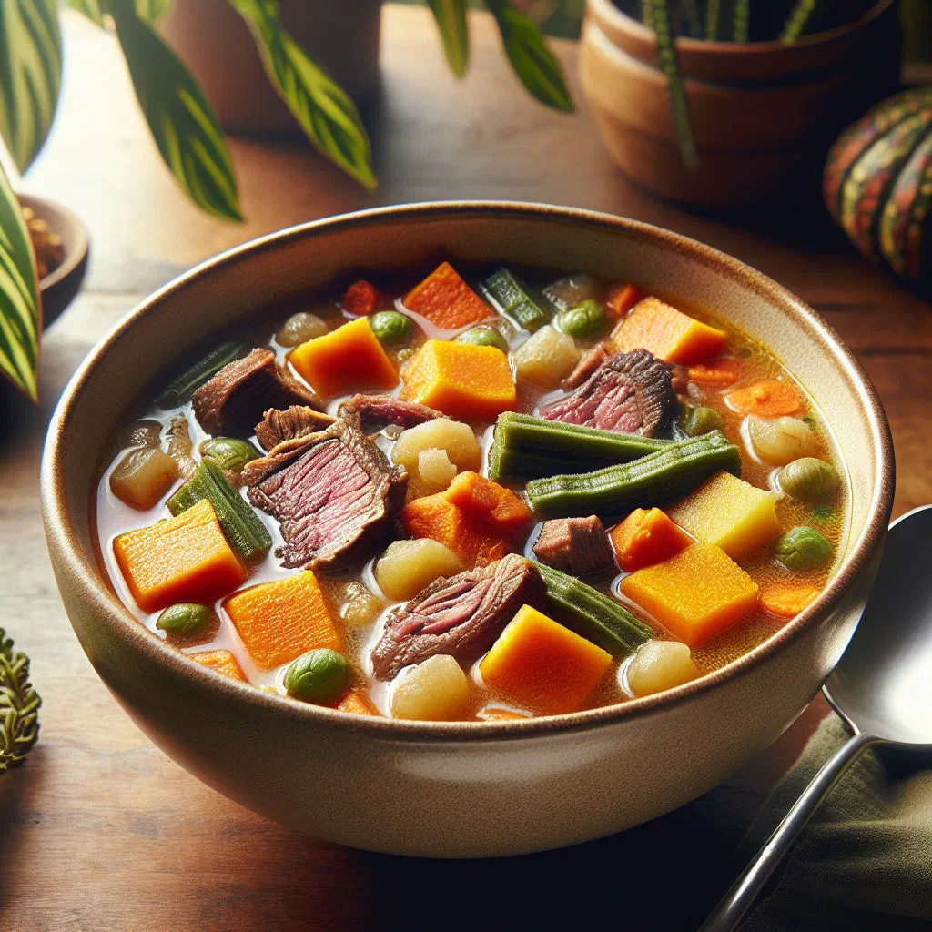 Bowl of Marowijne soup with fish, potatoes and fresh herbs