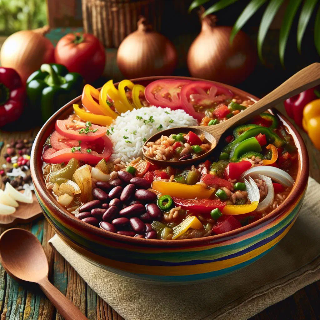Bowl of moksi alesi with rice, vegetables and fresh herbs