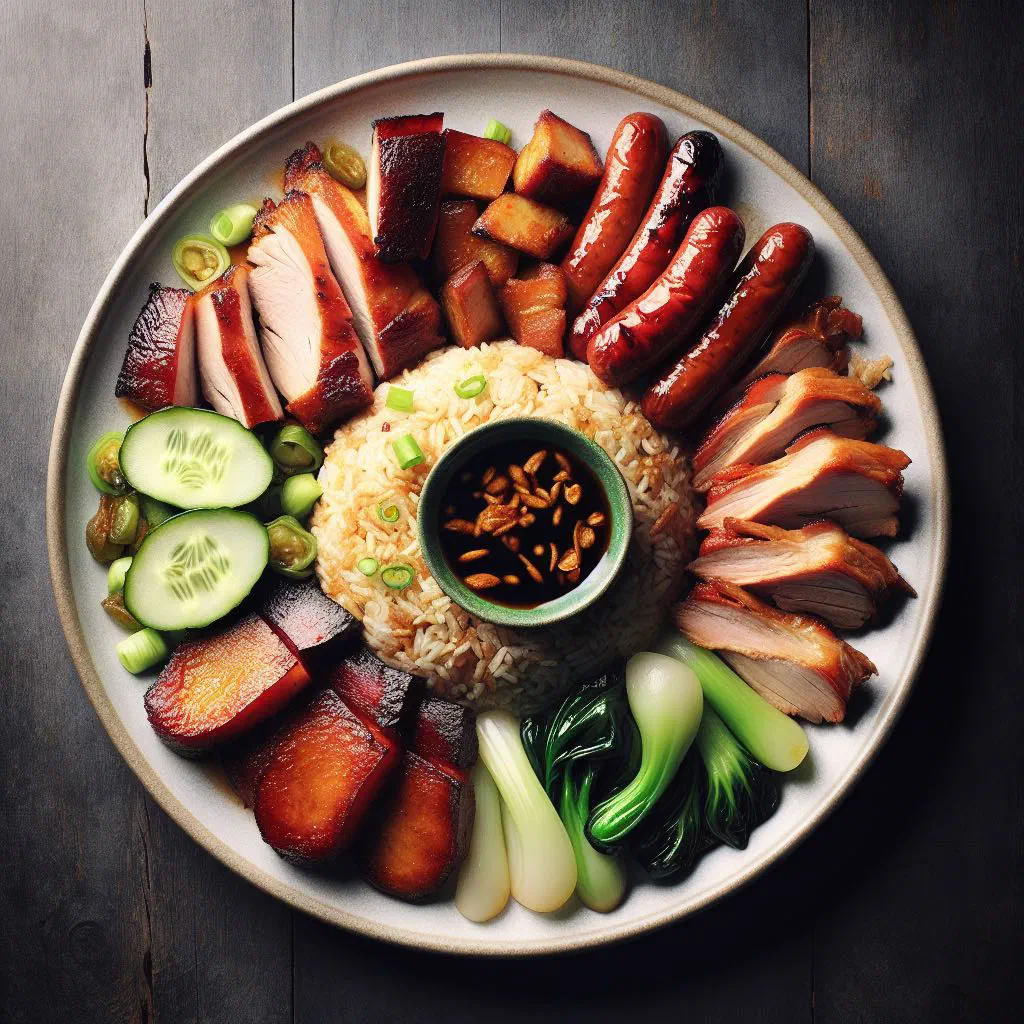 Surinamese moksi meti with rice, mixed meats and colourful peppers