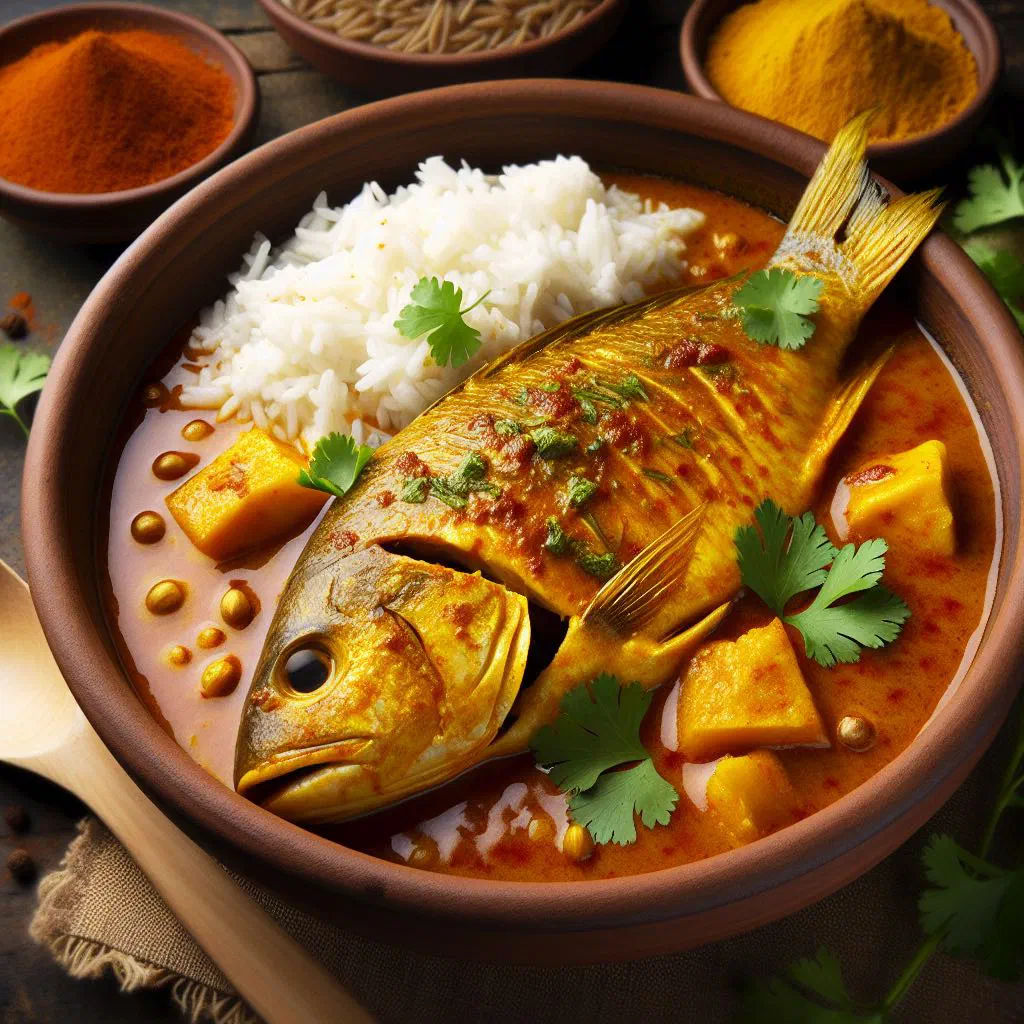 Pangasius fillets simmered in a golden coconut curry sauce with fresh coriander