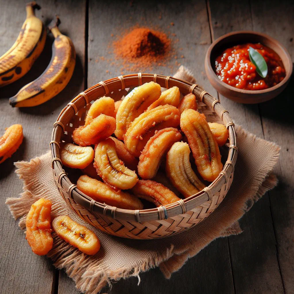 Golden fried banana slices in crisp batter on a plate