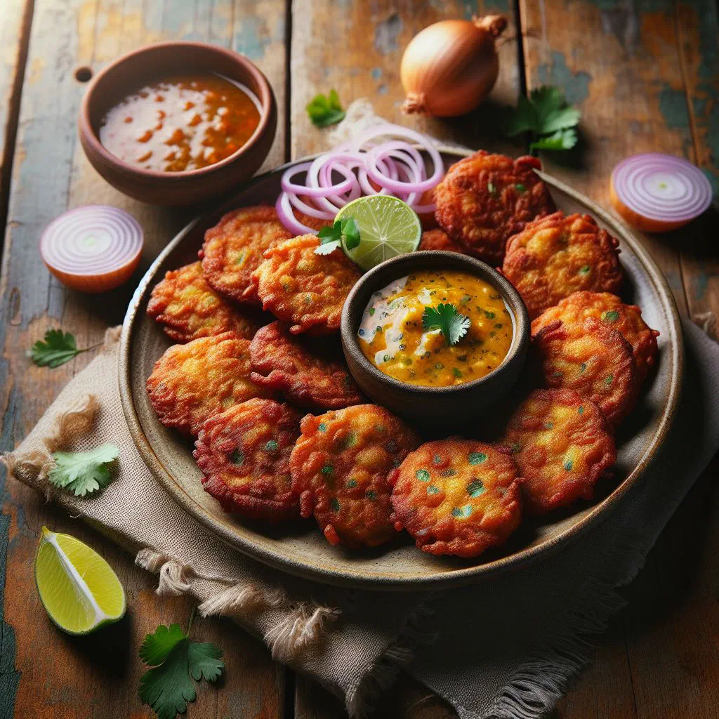 Golden-brown pomtajer fritters piled on a plate with fresh herbs