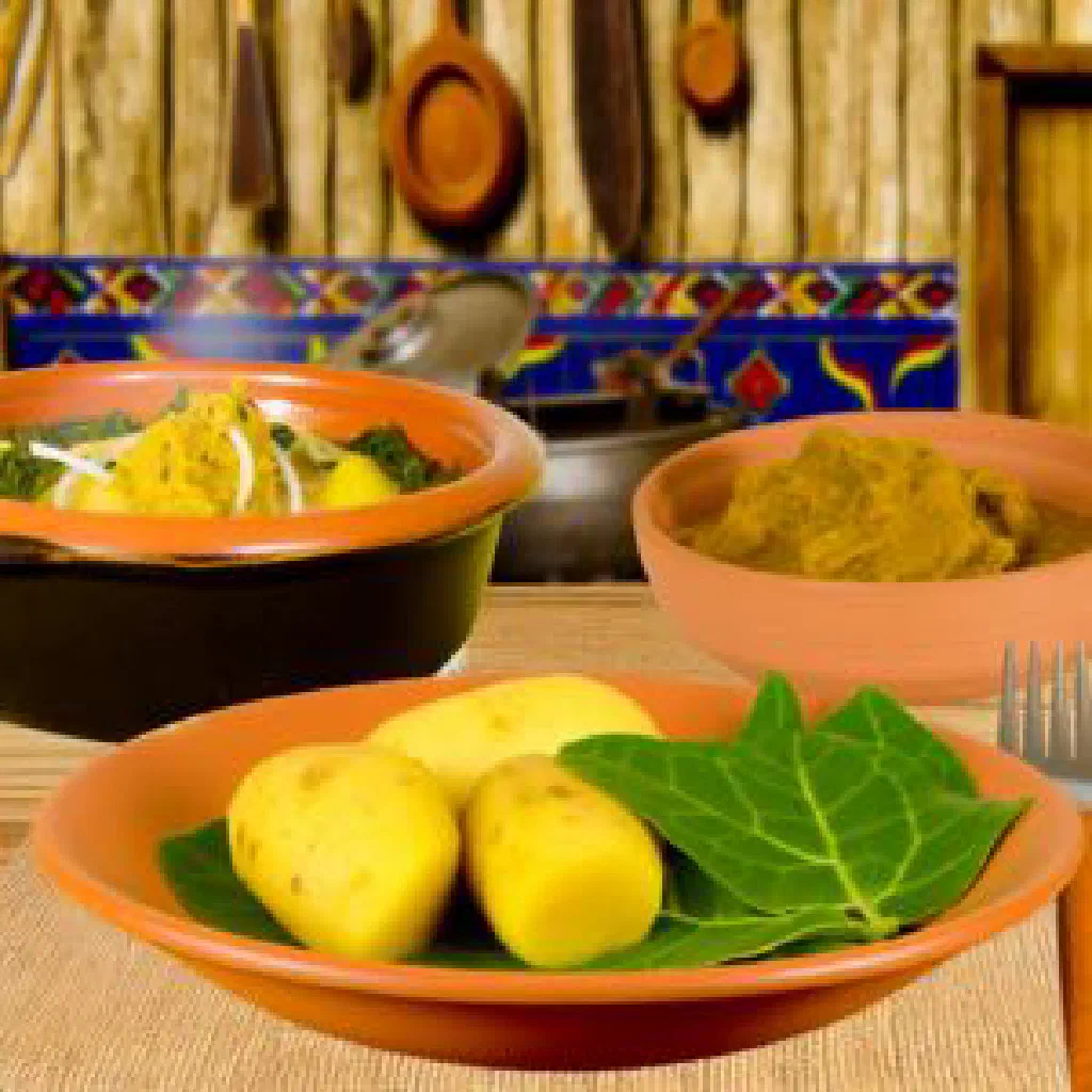 Baked pomtajer with grated sweet potato and tender chicken, garnished with fresh coriander