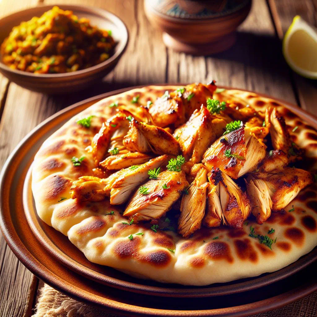 Surinamese roti kip: chicken curry in a bowl served with soft roti flatbread