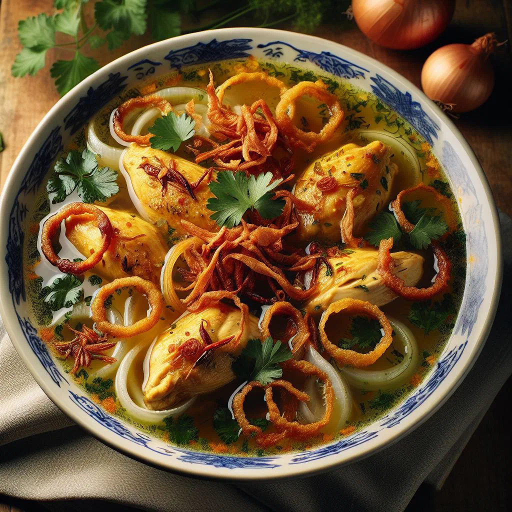 Bowl of Surinamese saoto chicken soup with glass noodles, egg and fried shallots