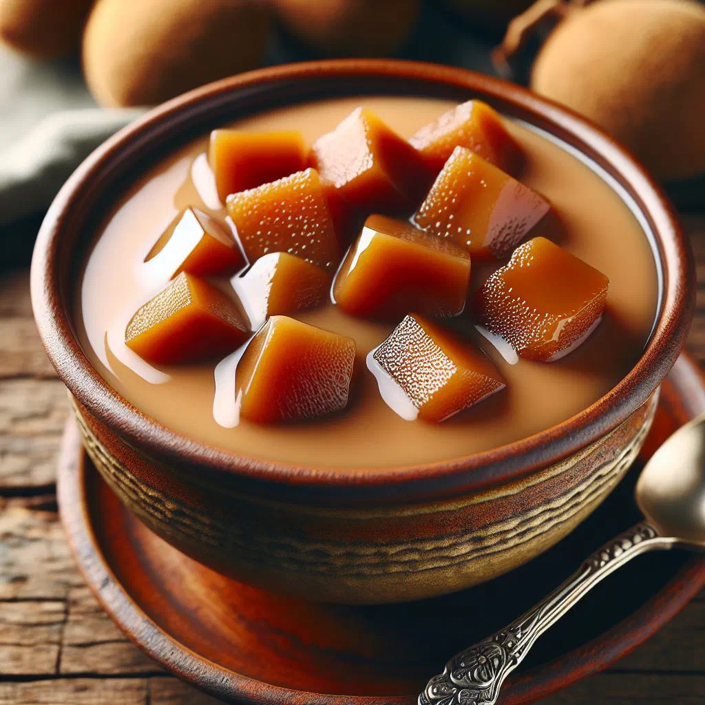 Creamy sapodilla pudding served in a small glass dish with fresh fruit