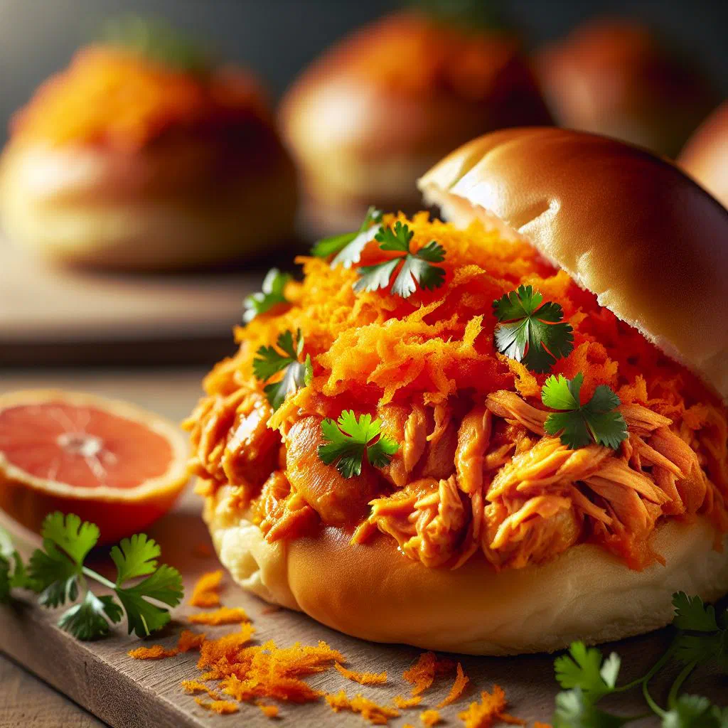 Surinamese broodje pom with marinated chicken in a crusty bread roll