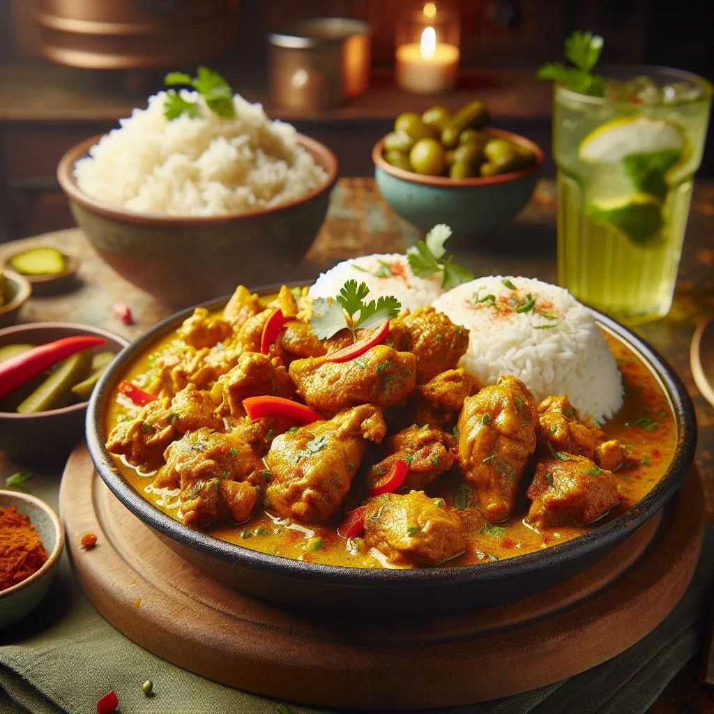 Surinamese chicken curry in creamy coconut sauce with peppers and coriander