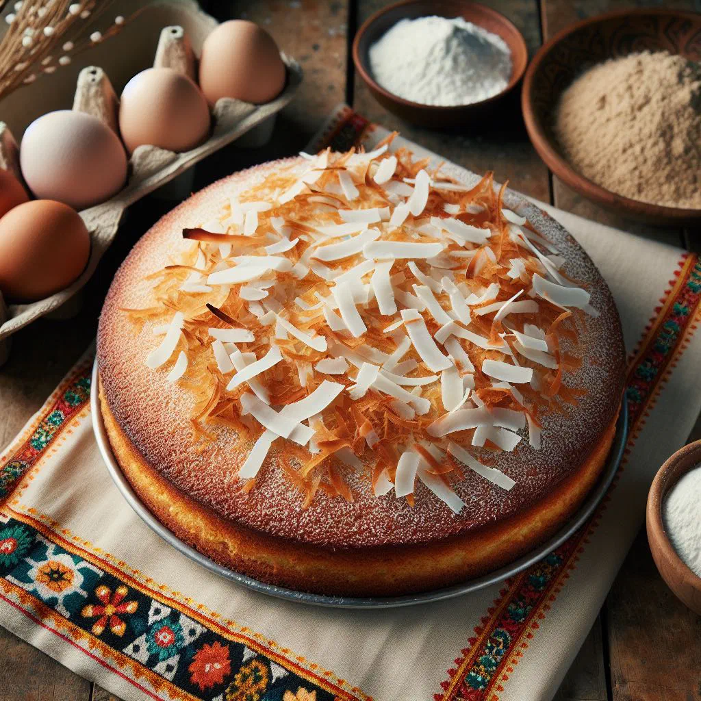 Slices of Surinamese coconut cake on a plate with grated coconut