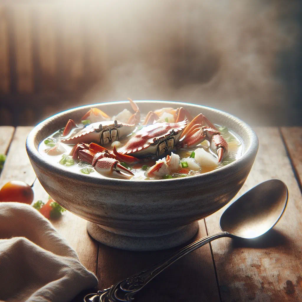 Creamy Surinamese crab soup in a bowl, garnished with fresh coriander