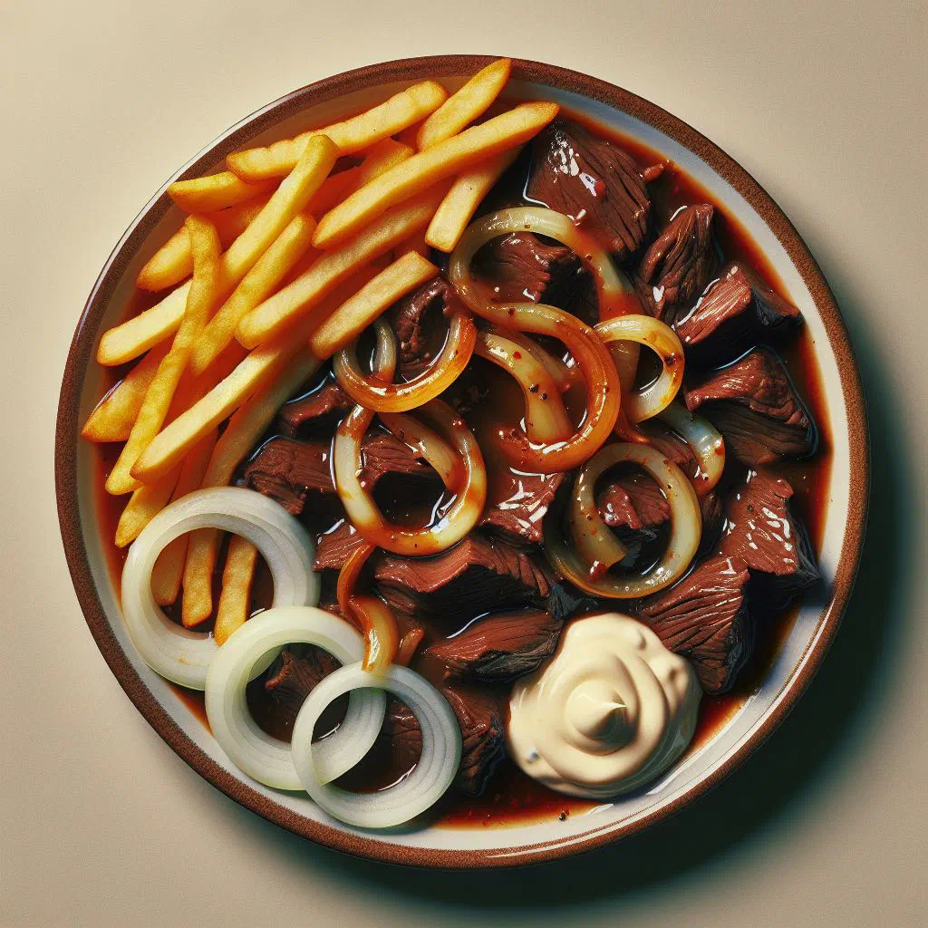 Slow-braised Surinamese zuurvlees served with rice and fried plantain