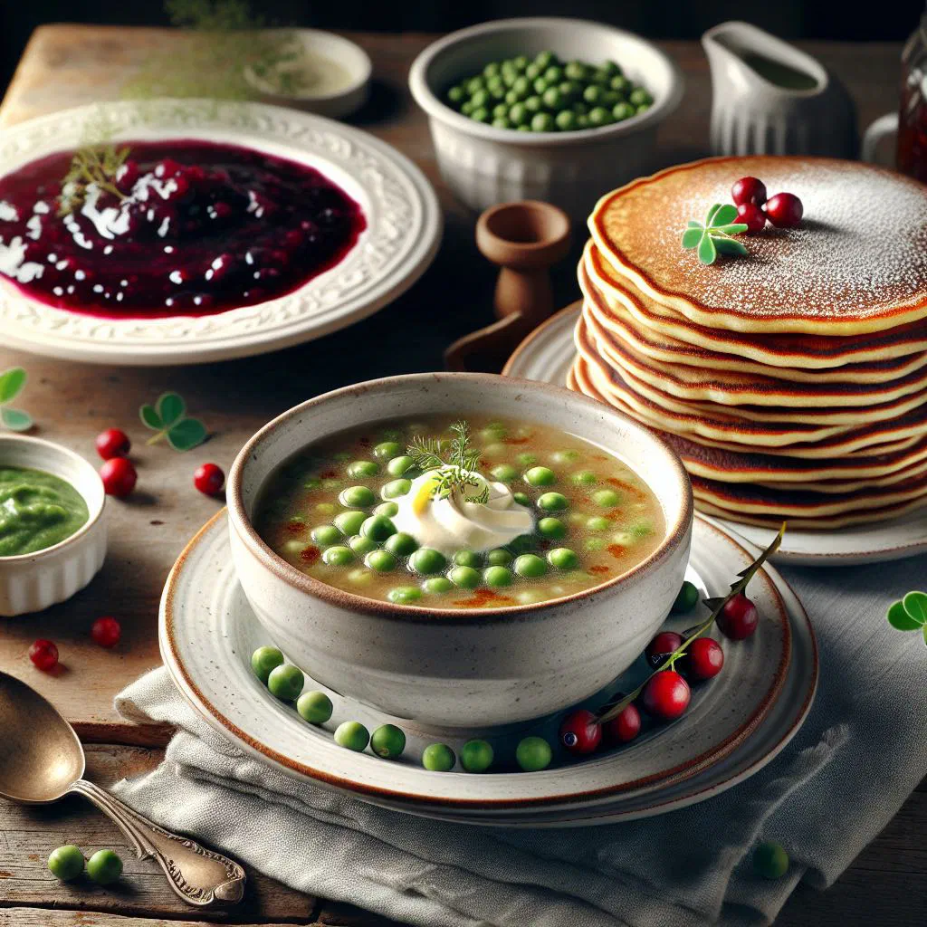 A bowl of yellow Swedish pea soup served with thin pancakes and jam