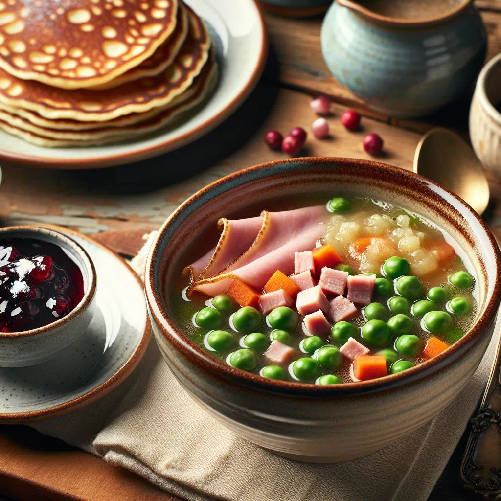 A bowl of Swedish yellow pea soup served with thin pancakes and jam