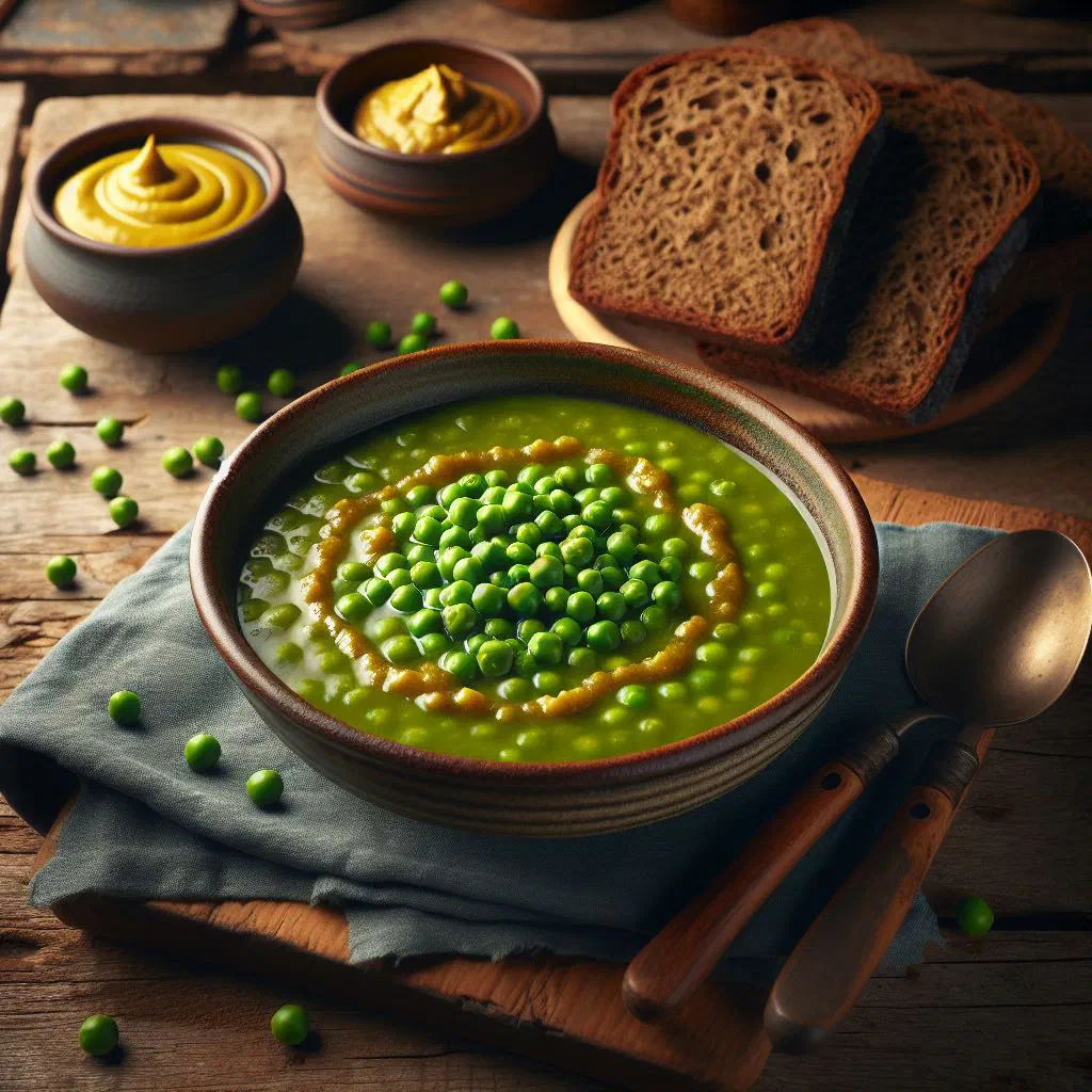 A bowl of Swedish Ärtsoppa yellow pea soup with bacon and herbs