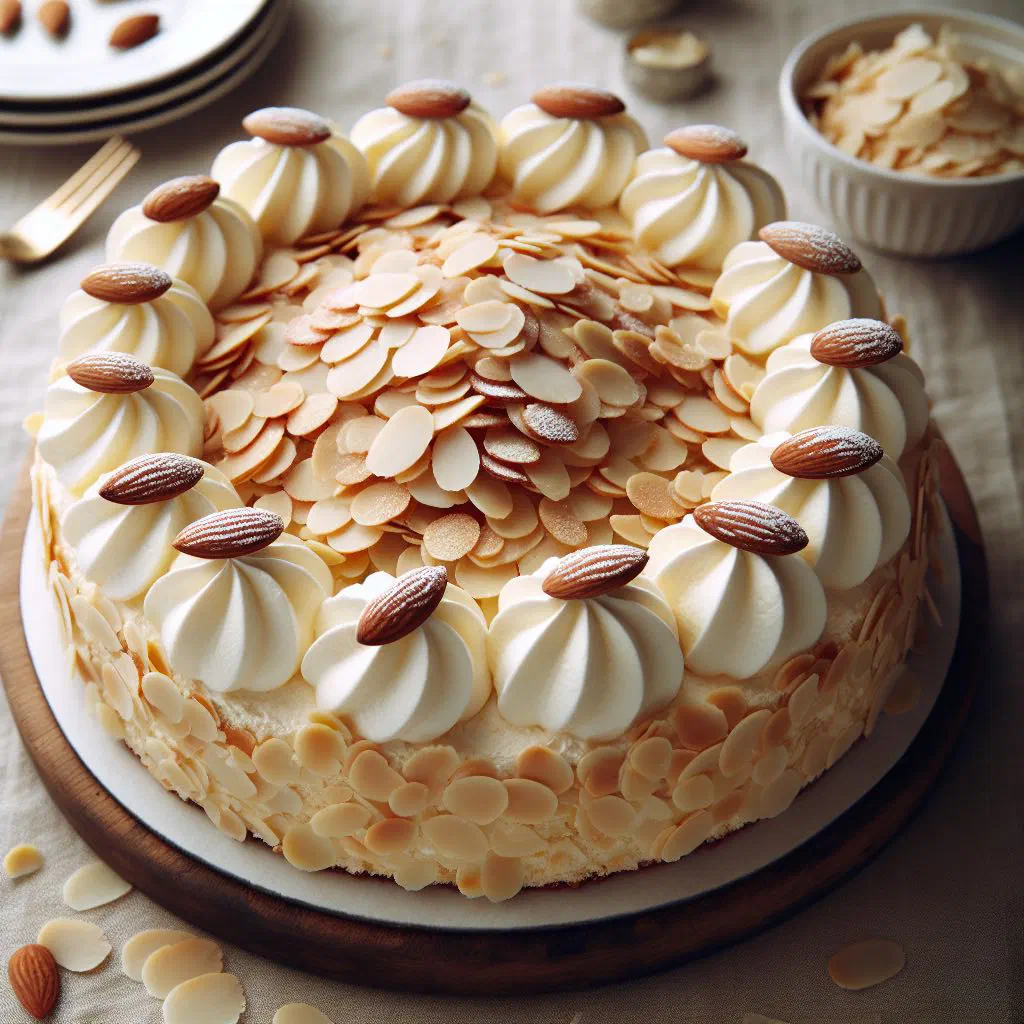 Swedish almond cake topped with marzipan and flaked almonds