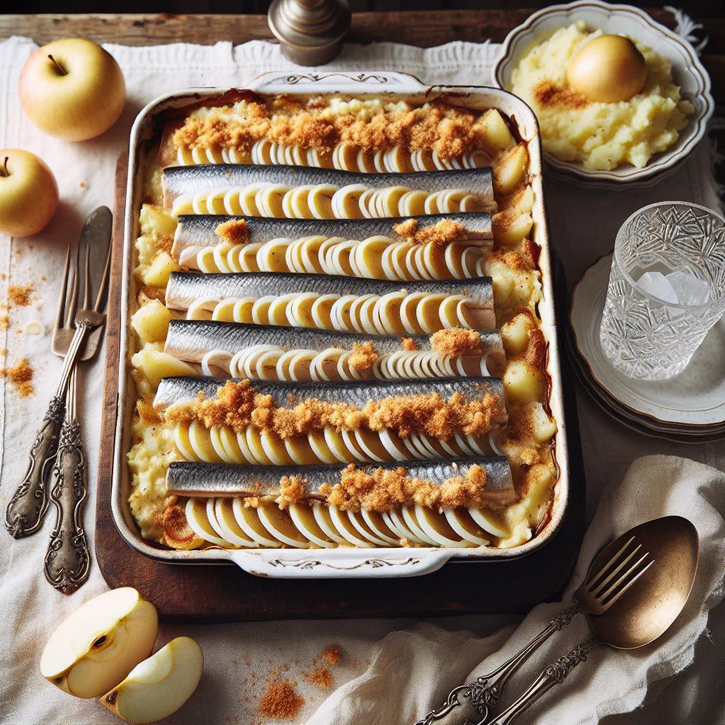 Golden baked Swedish herring and potato casserole garnished with fresh dill
