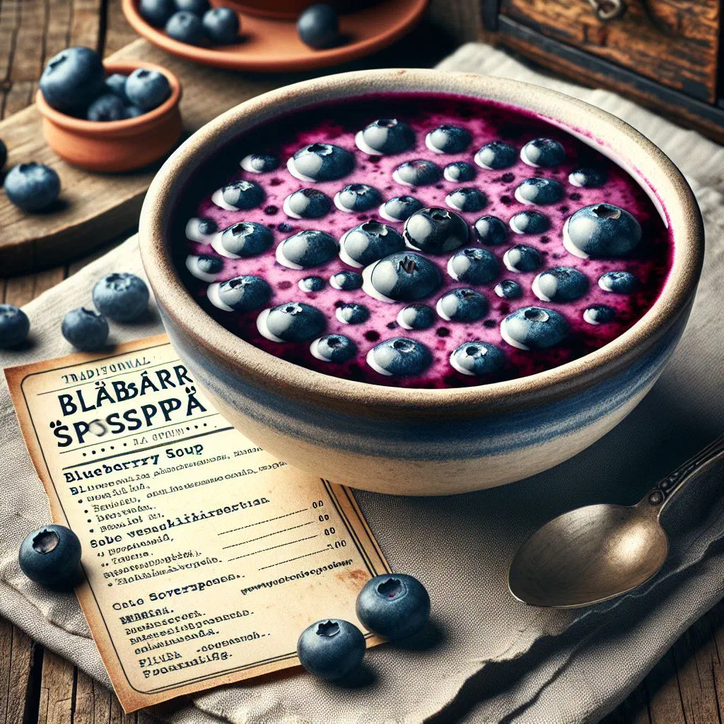 A bowl of deep purple Swedish blueberry soup topped with fresh berries