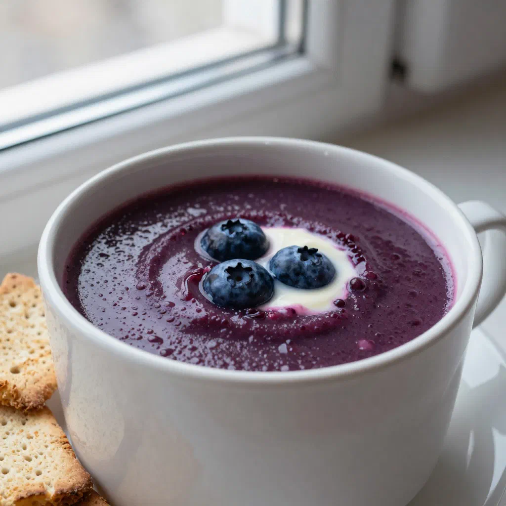 A bowl of deep purple Swedish blueberry soup topped with fresh berries