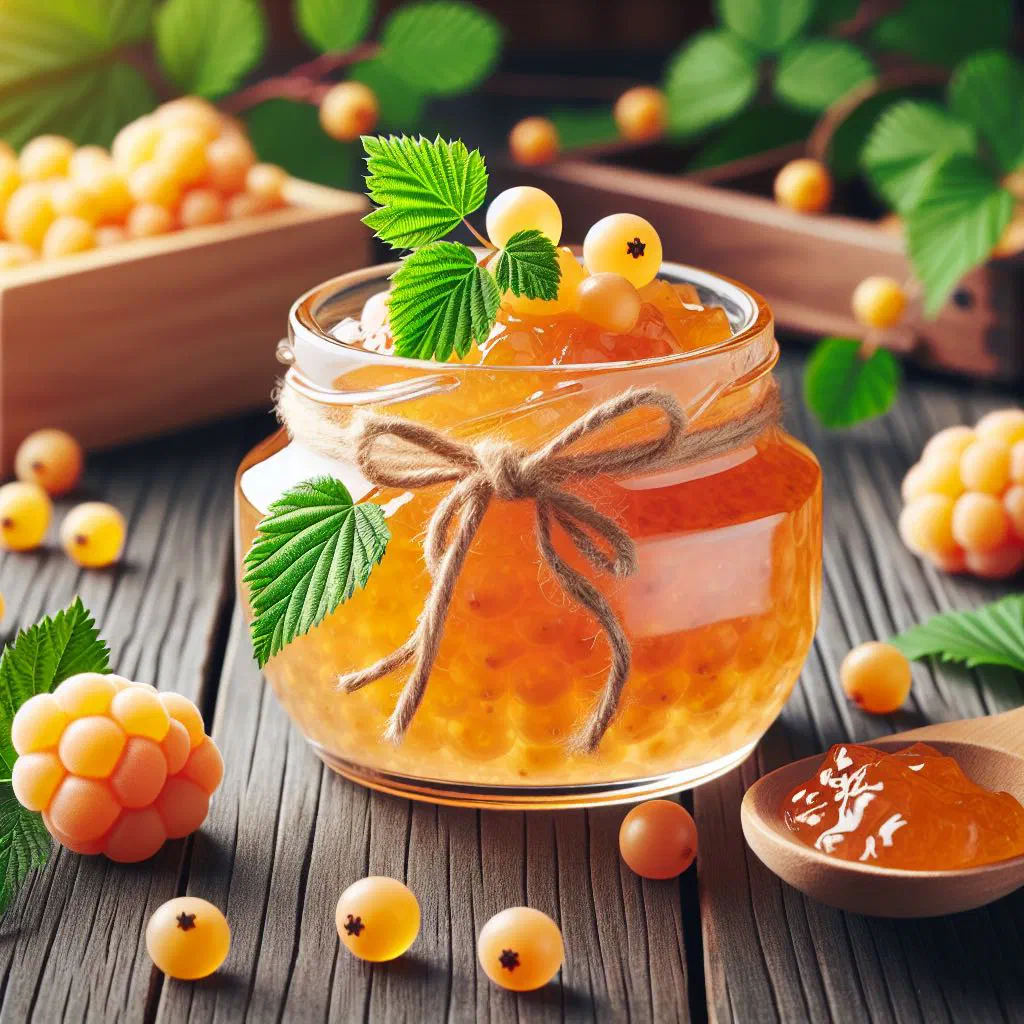 A jar of golden Swedish cloudberry jam with fresh cloudberries