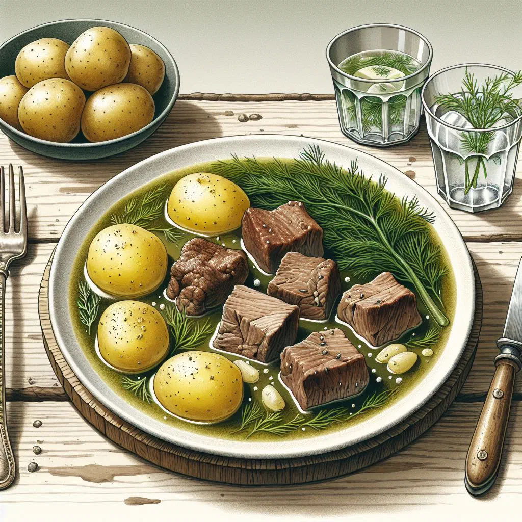 Tender beef in creamy dill sauce served in a deep bowl