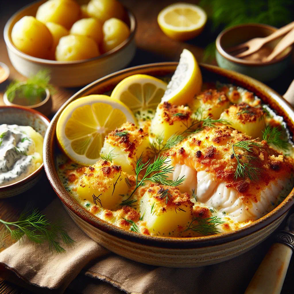 Golden baked Swedish fish gratin with creamy dill sauce