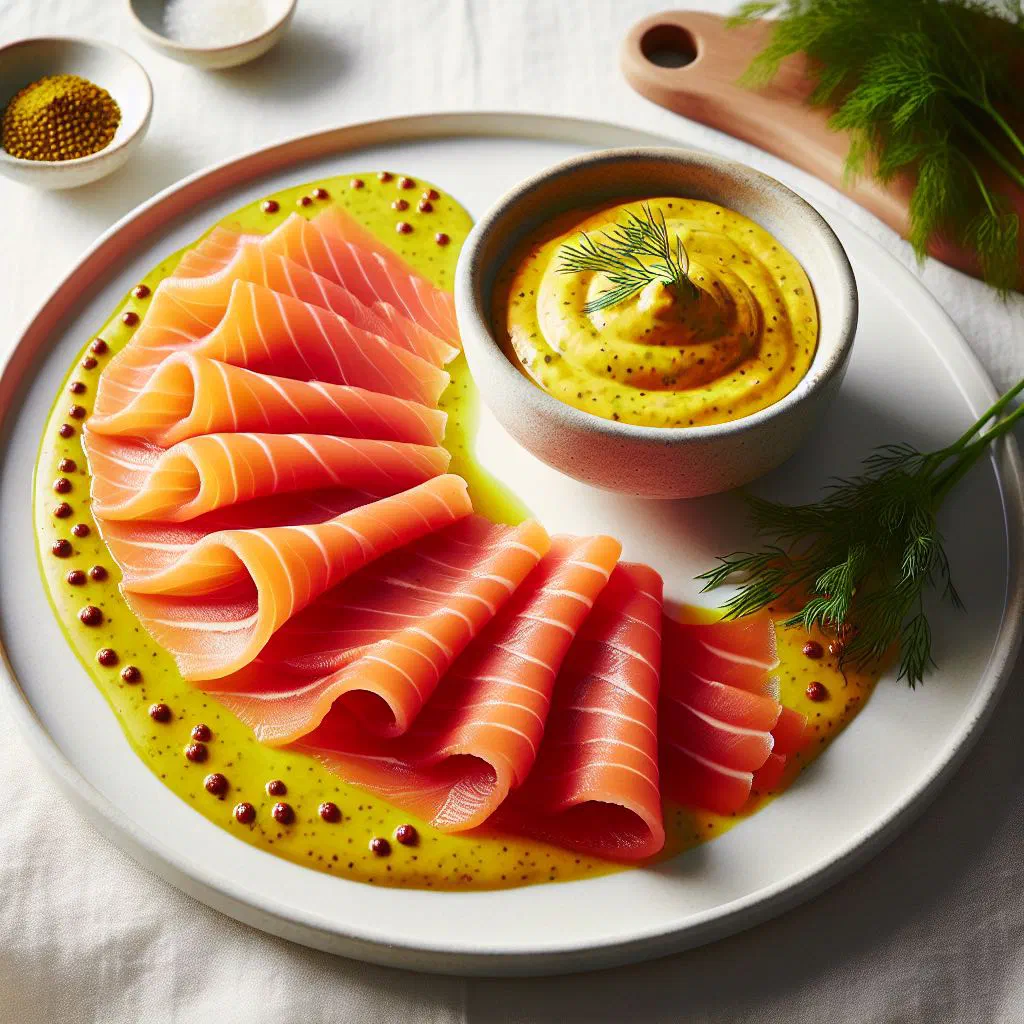 Thinly sliced cured salmon with dill and a bowl of mustard sauce