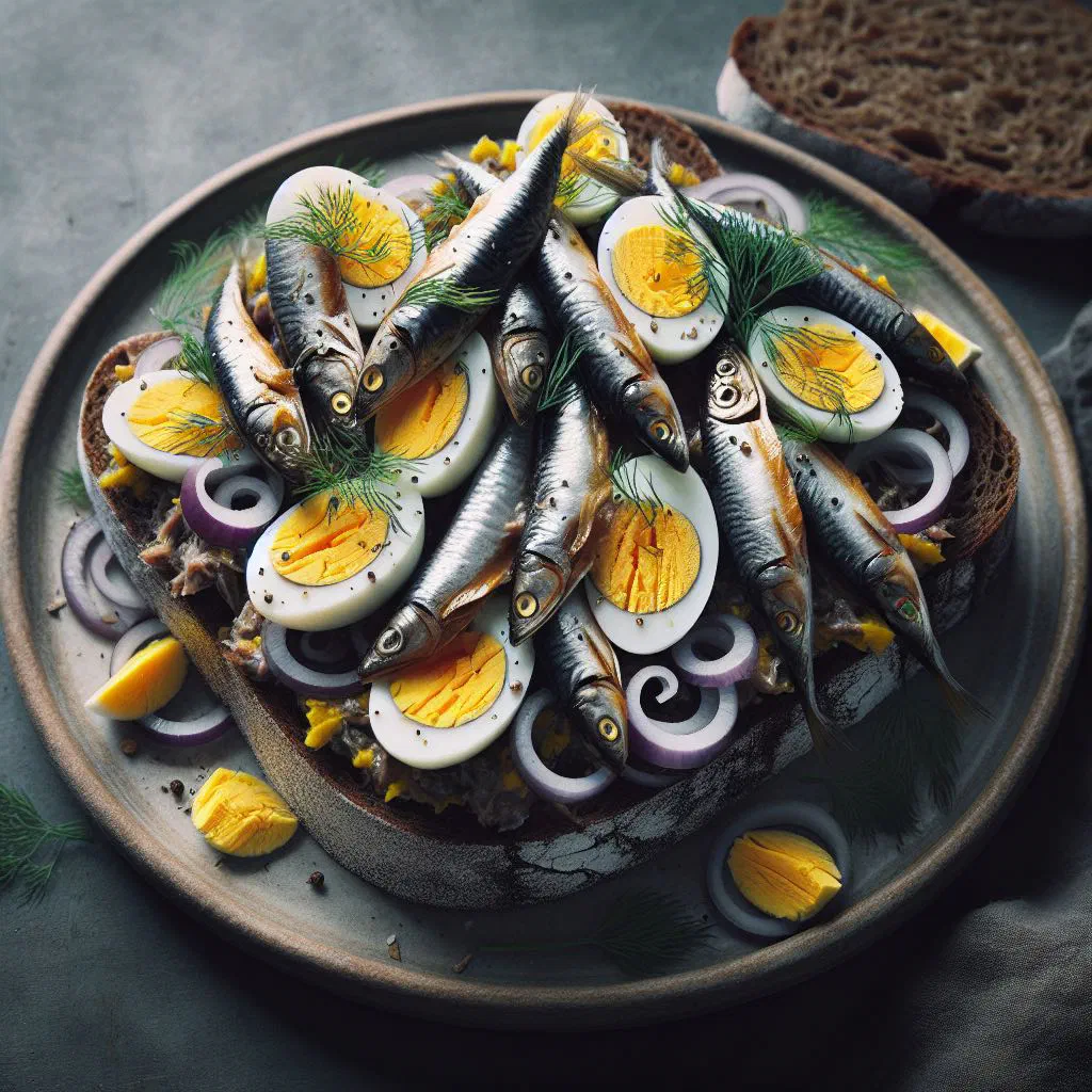 Gubbröra herring and egg spread on crispbread, garnished with fresh dill
