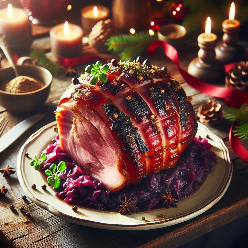 Sliced Swedish Christmas ham with a golden mustard crust