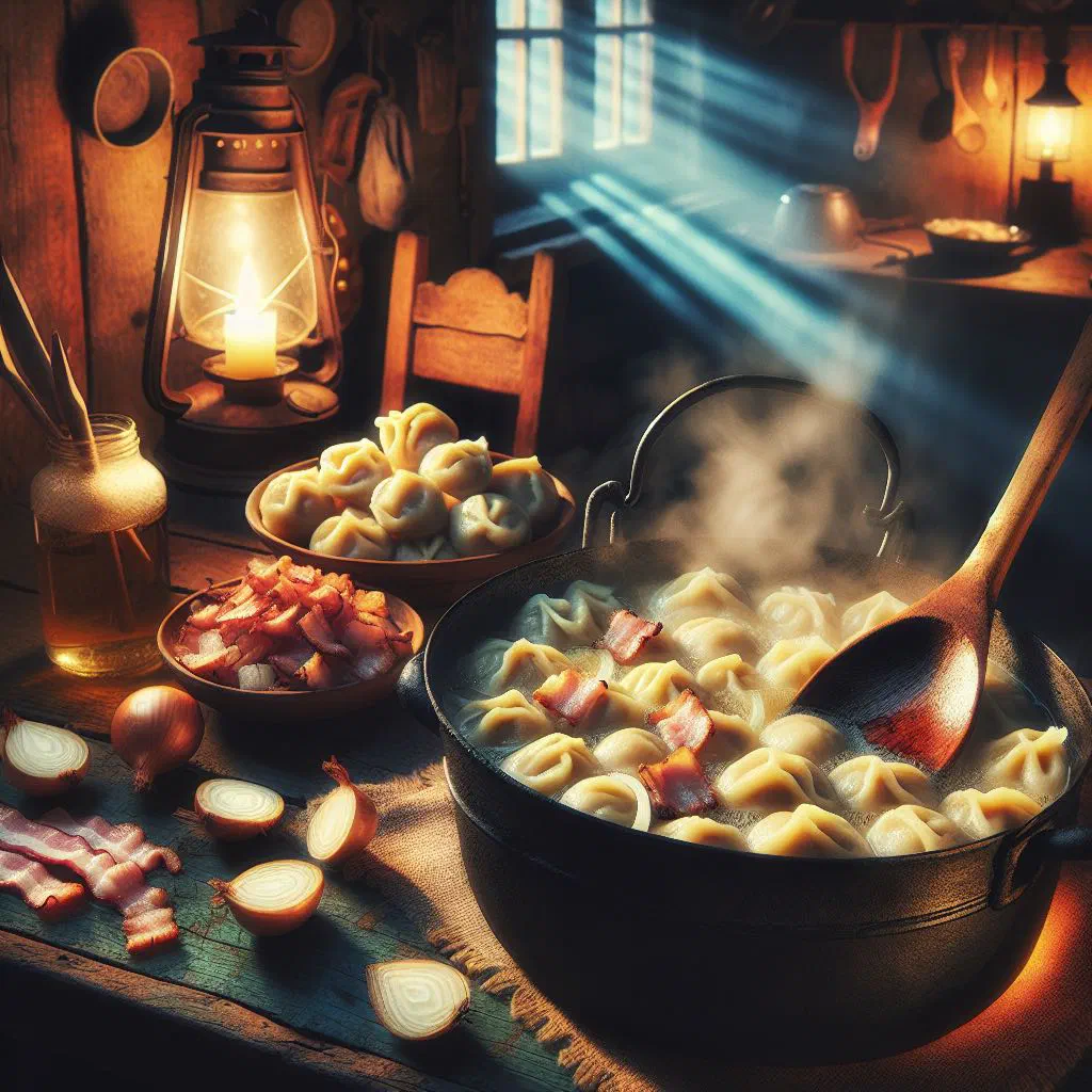 Boiled Swedish kroppkakor potato dumplings with lingonberry jam and brown sauce