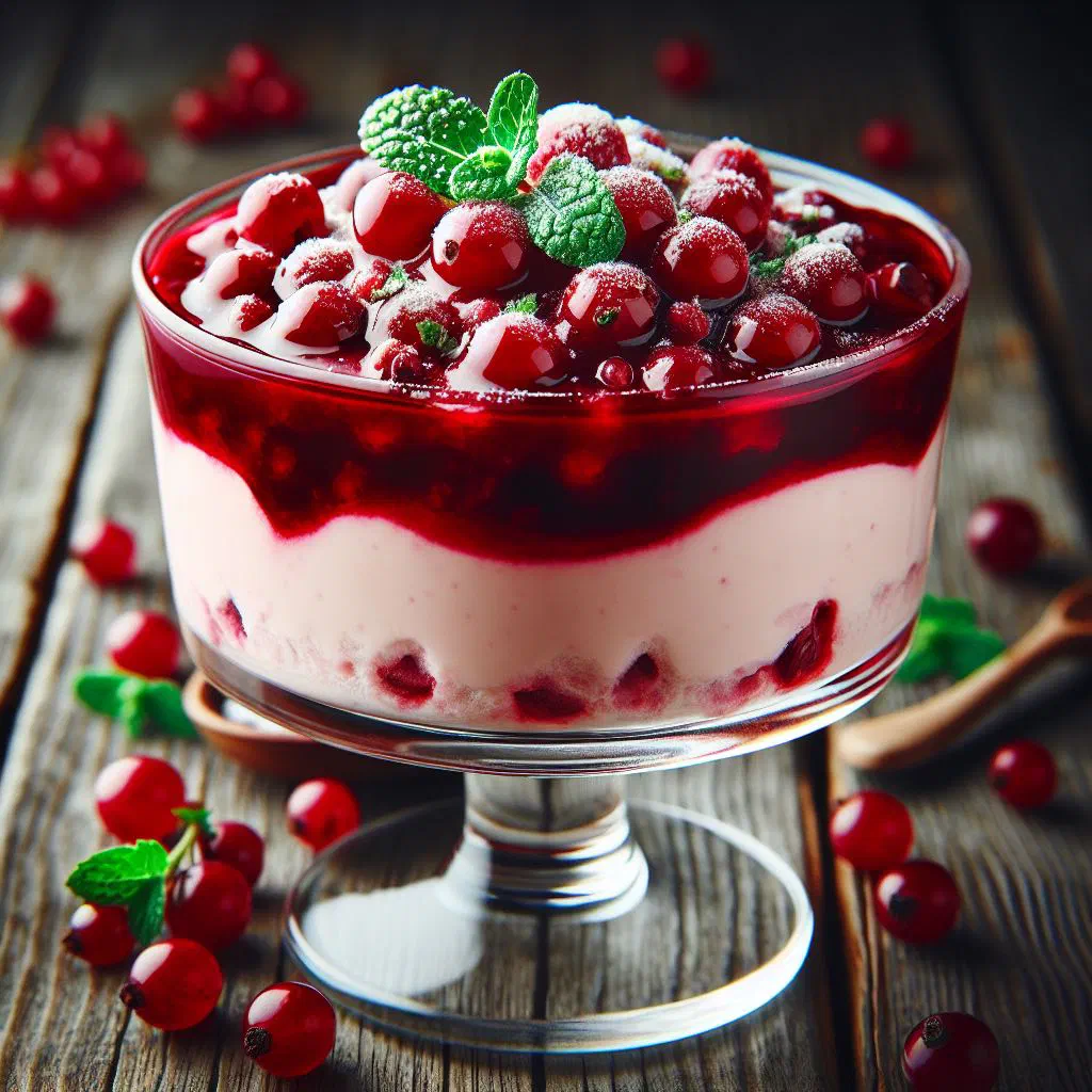 Layered lingonberry parfait in a glass topped with fresh berries