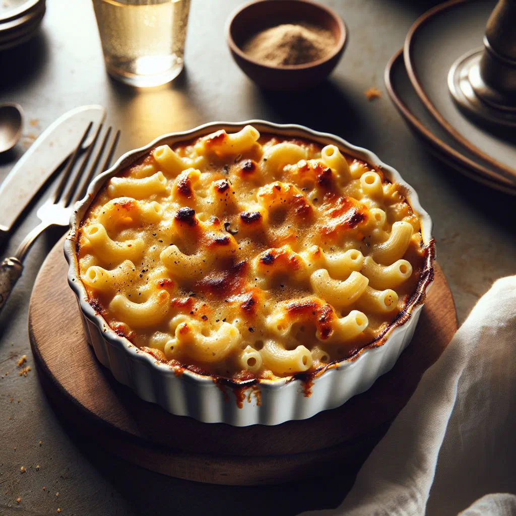 Golden baked Swedish macaroni pudding in a dish, dusted with cinnamon