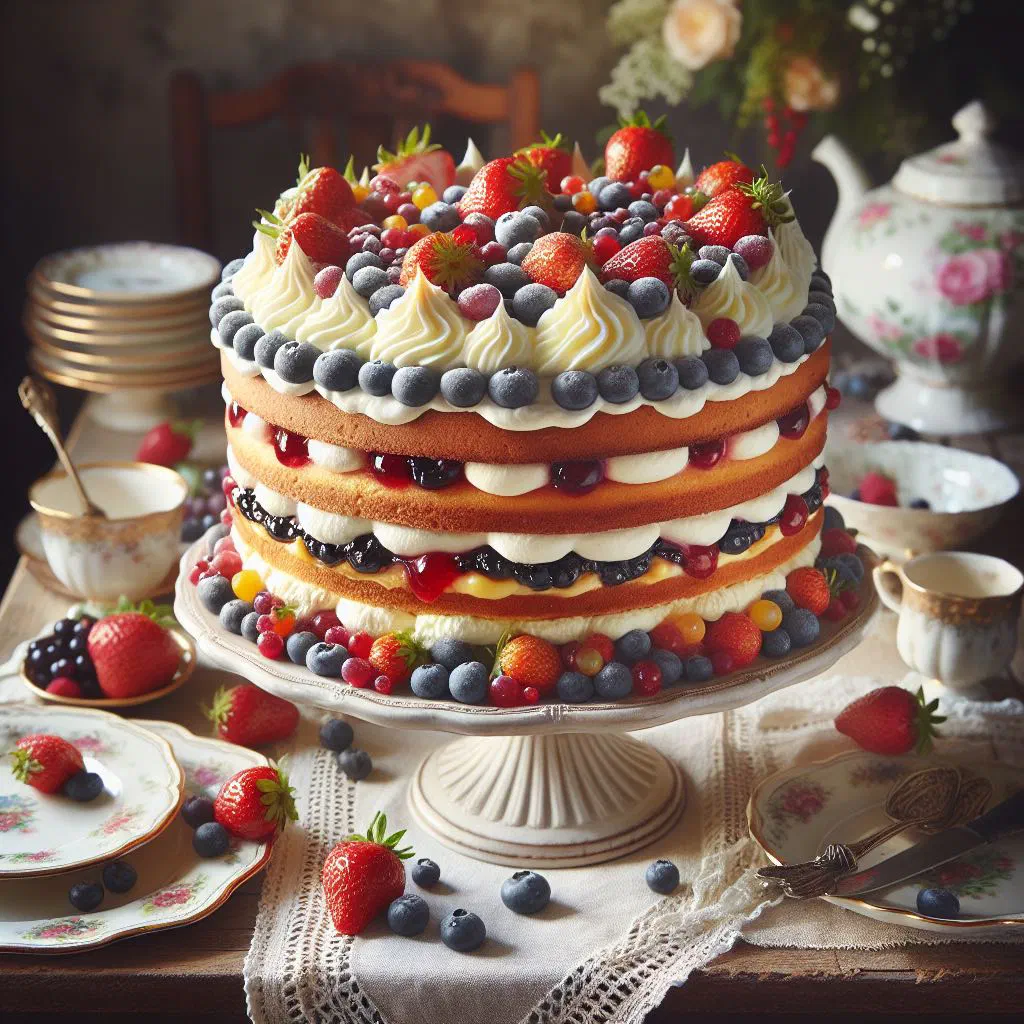 Swedish midsommarstårta topped with fresh strawberries and mixed berries