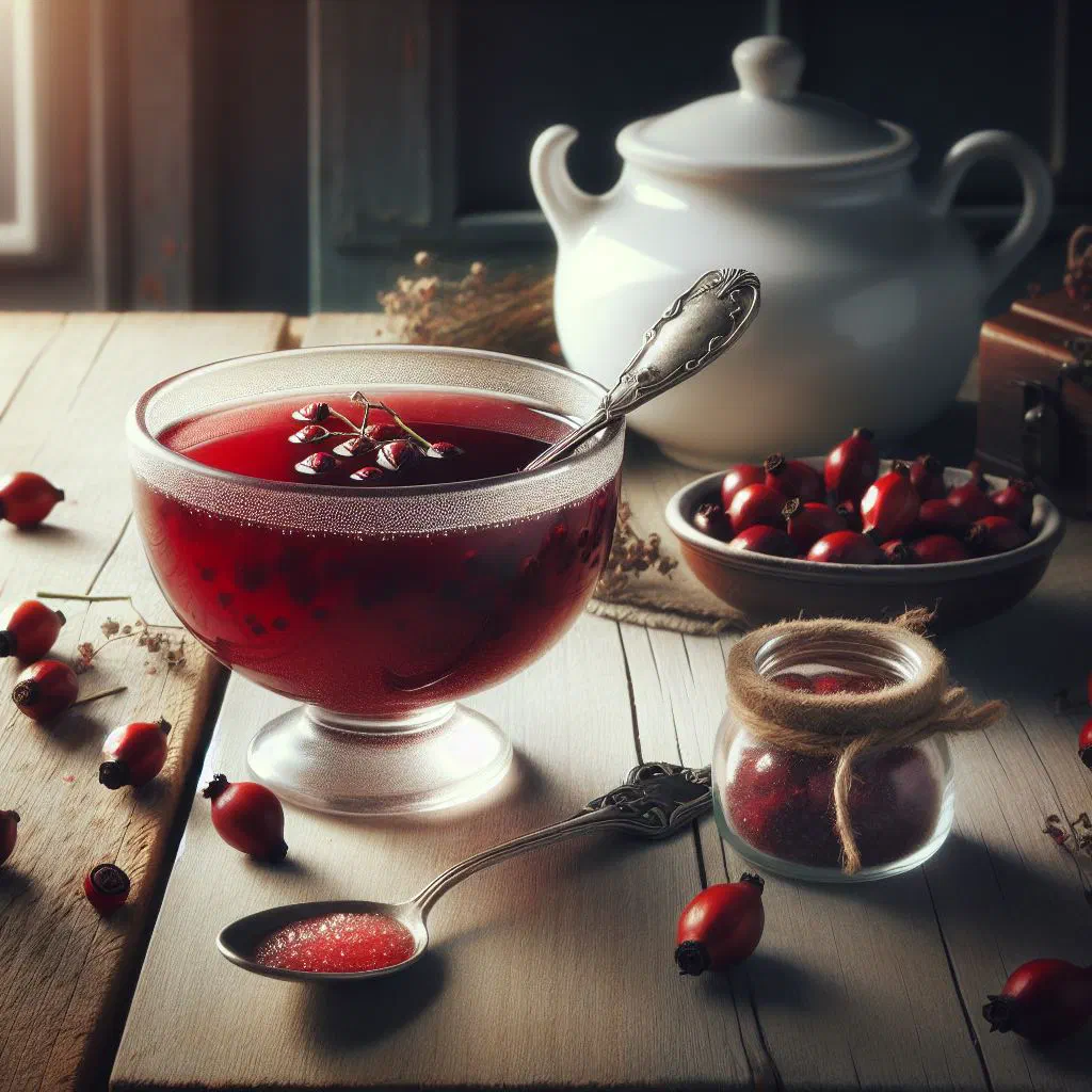 Bowl of Swedish nyponsoppa rosehip soup topped with cream