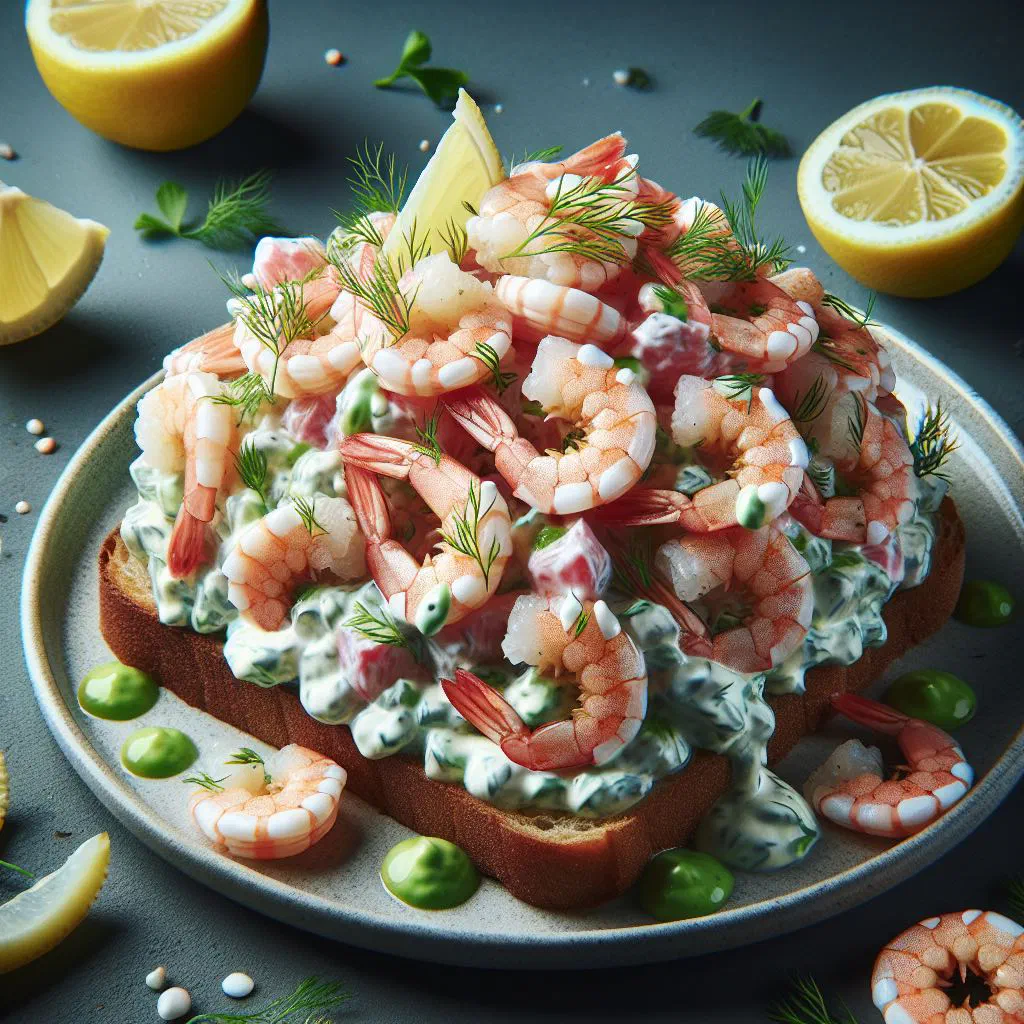 Creamy Swedish prawn mixture with fresh dill served on crispbread