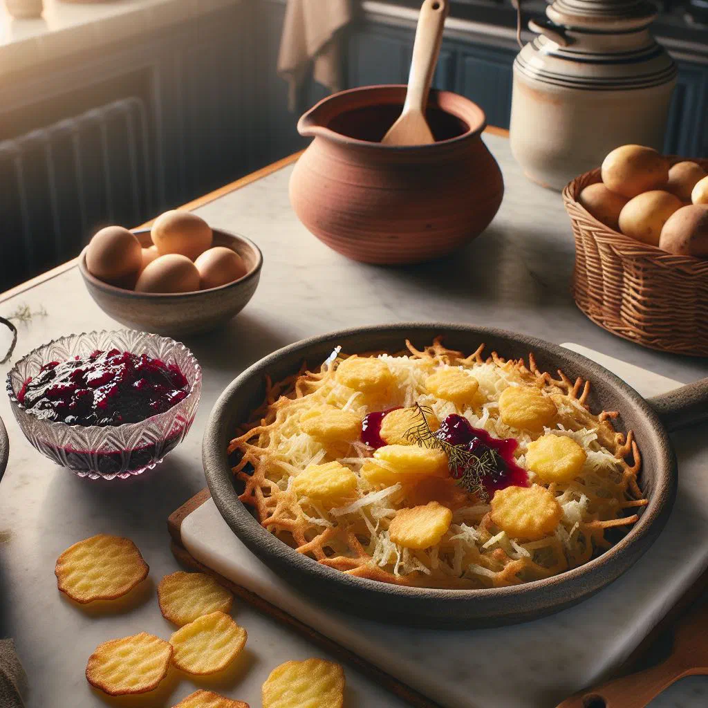 Crispy golden Swedish rårakor potato pancakes served with a dollop of soured cream