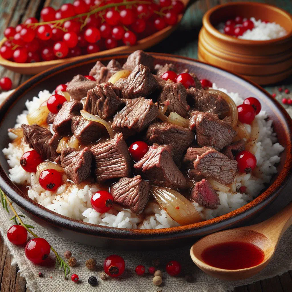 Sautéed reindeer with lingonberries served with potatoes