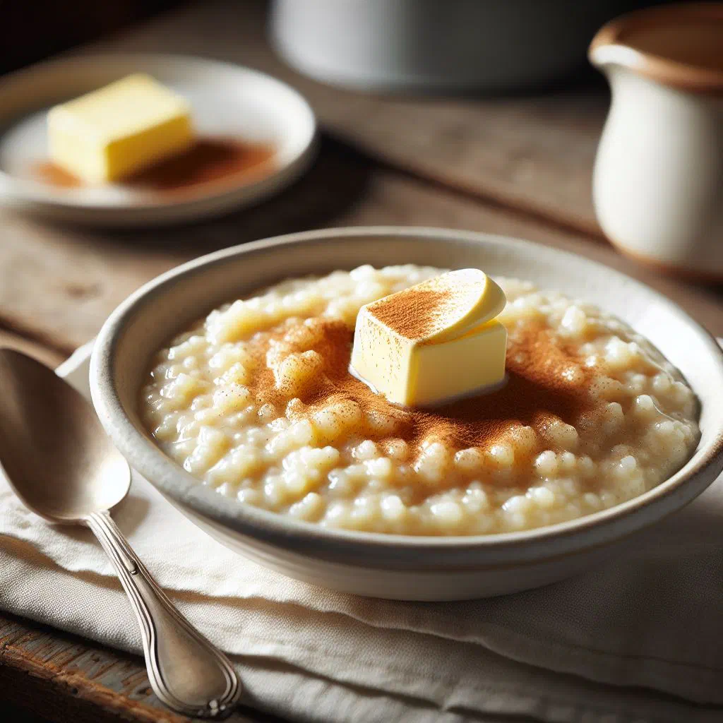 A bowl of creamy Swedish rice porridge dusted with cinnamon and a knob of butter