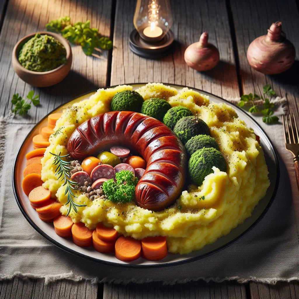 Bowl of creamy root vegetable mash topped with sliced pork sausage