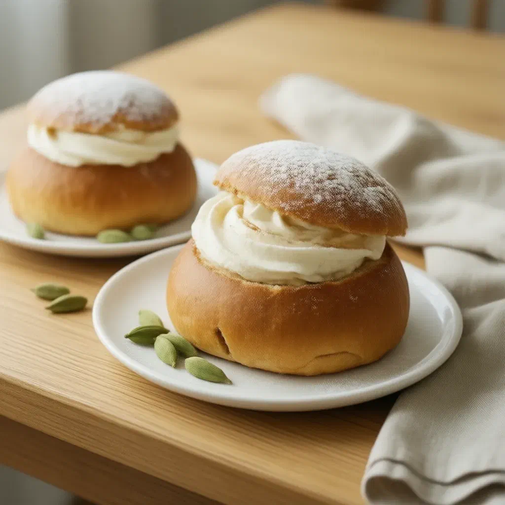 Swedish semla buns filled with almond paste and whipped cream, dusted with icing sugar