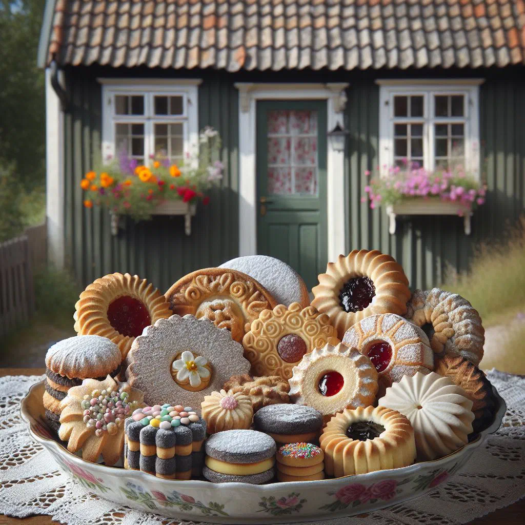 An assortment of Swedish biscuits arranged on a plate for fika