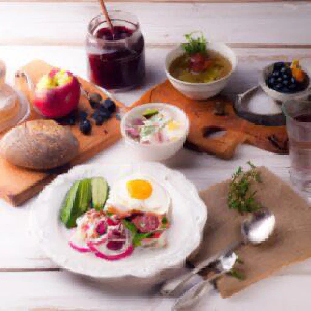 A Swedish smörgåsbord spread with smoked salmon, ham, herring and vegetables